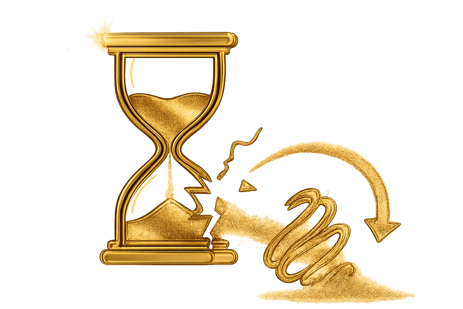 A golden hourglass is cracked, spilling sand that forms a spiral shape with an arrow curving around it.
