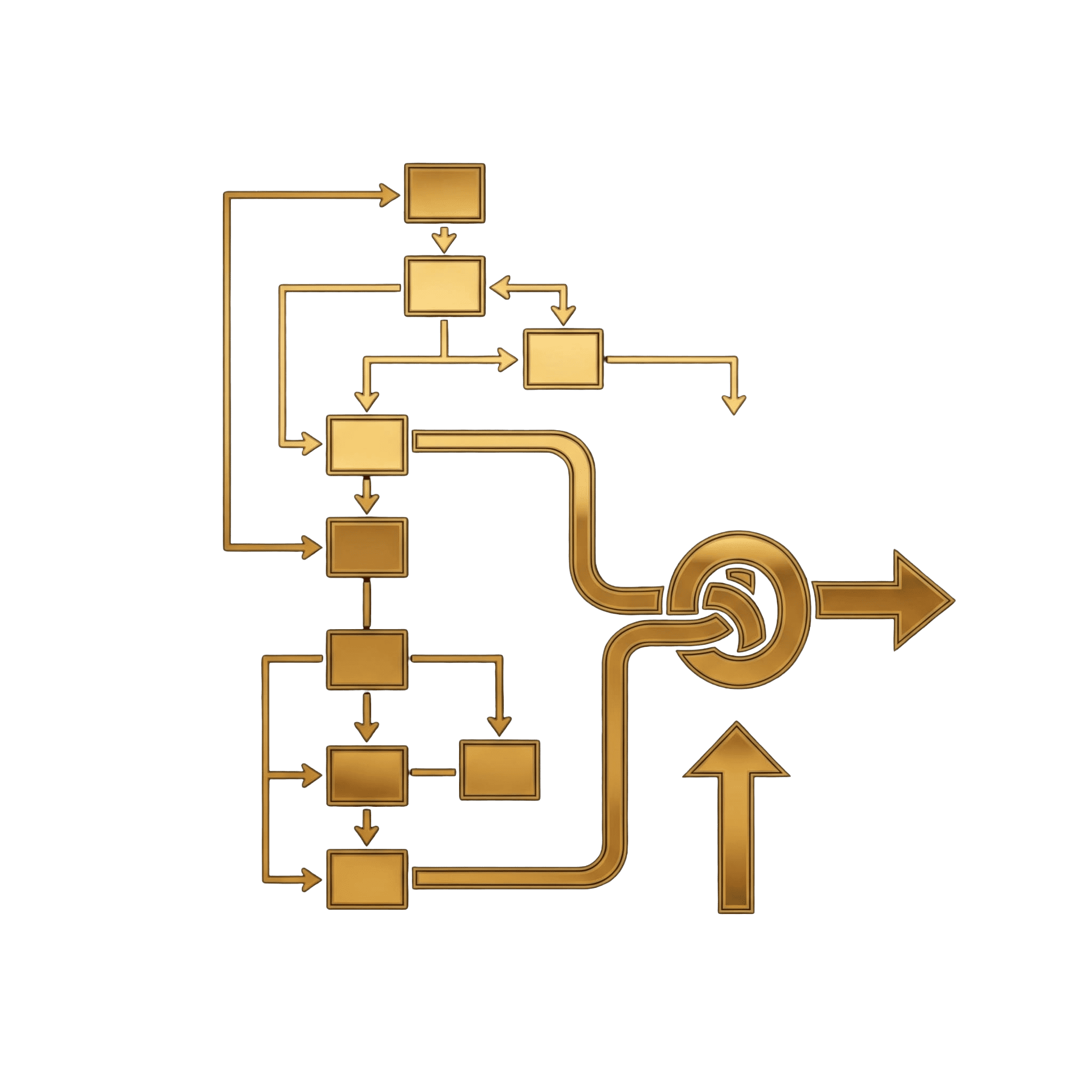 A complex gold flowchart with multiple branching paths converging into a knot, followed by a large arrow pointing right.