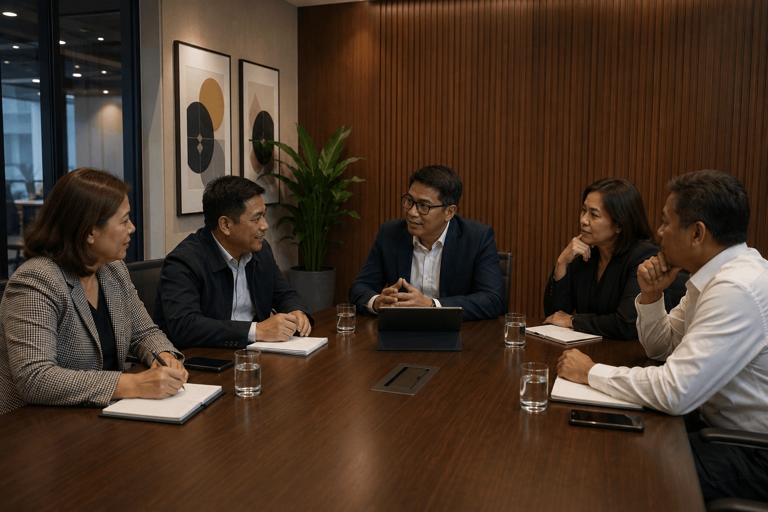Five people in business attire sit around a conference table with notebooks, glasses of water, and a tablet, engaged in a meeting in a modern office setting.
