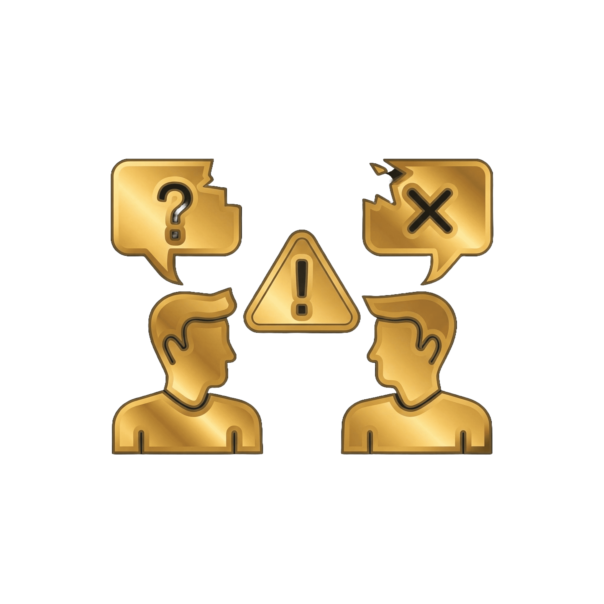 Two gold-colored figures face each other with speech bubbles, one containing a question mark and the other an X, separated by a warning symbol.